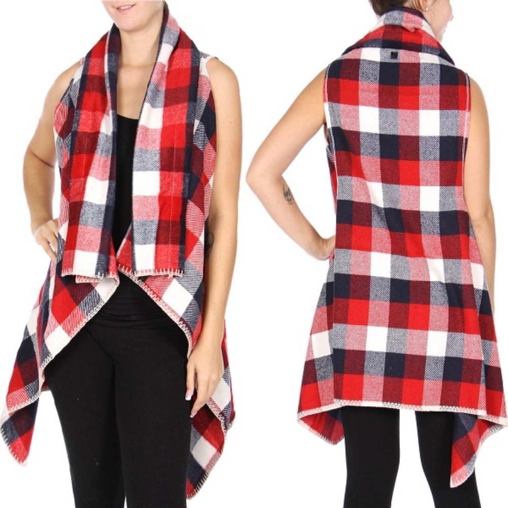 Womens Plaid Shawl Open Flyaway Front Vest | Red
